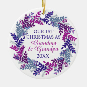 Our First Christmas as Grandma and Grandpa Purple Ceramic Ornament