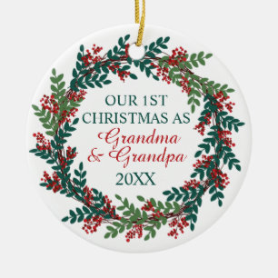 Our First Christmas as Grandma and Grandpa Wreath Ceramic Ornament