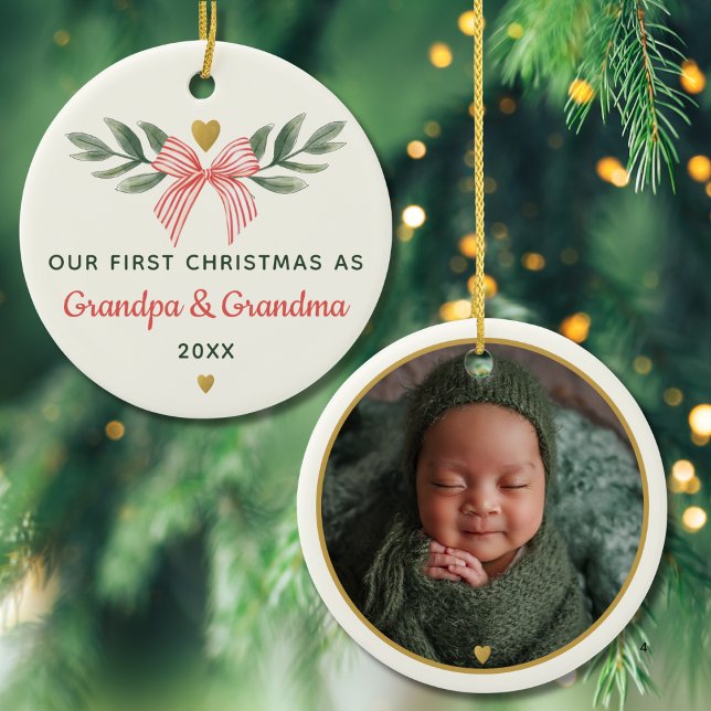 Our First Christmas As Grandma Grandpa Baby Photo Ceramic Ornament (Creator Uploaded)