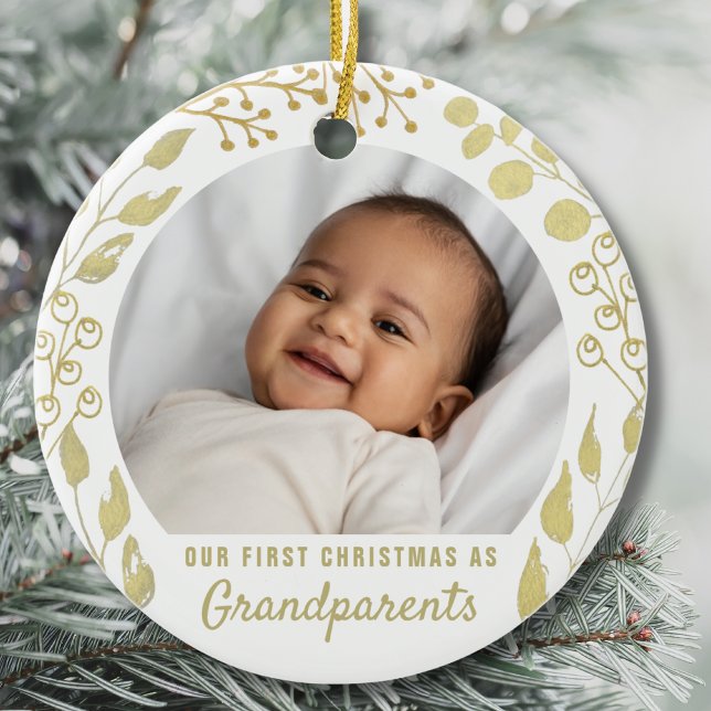 Our First Christmas As Grandpar Photo Gold Foliage Ceramic Ornament (Creator Uploaded)