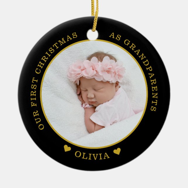 Our First Christmas As Grandparents 2 Photo Ceramic Ornament (Front)