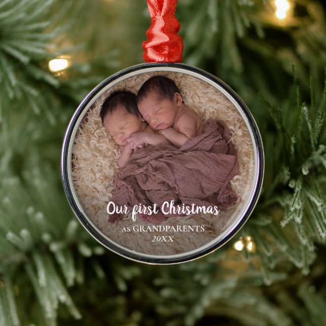 Our First Christmas As Grandparents Baby Photo Metal Ornament (Tree)