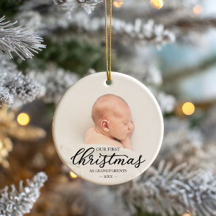 Our First Christmas As Grandparents Black Script Ceramic Ornament