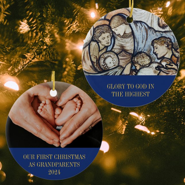 Our First Christmas As Grandparents Christian Art Ceramic Ornament (Our First Christmas As Grandparents Religious Christian Catholic Nativity Custom Baby Photo Ornament)