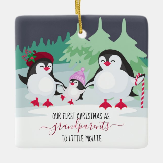 Our First Christmas as Grandparents Cute Penguins  Ceramic Ornament (Front)