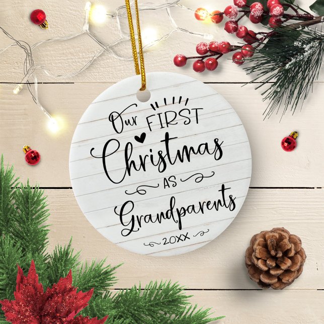 Our First Christmas As Grandparents Cute Rustic Ceramic Ornament (Creator Uploaded)