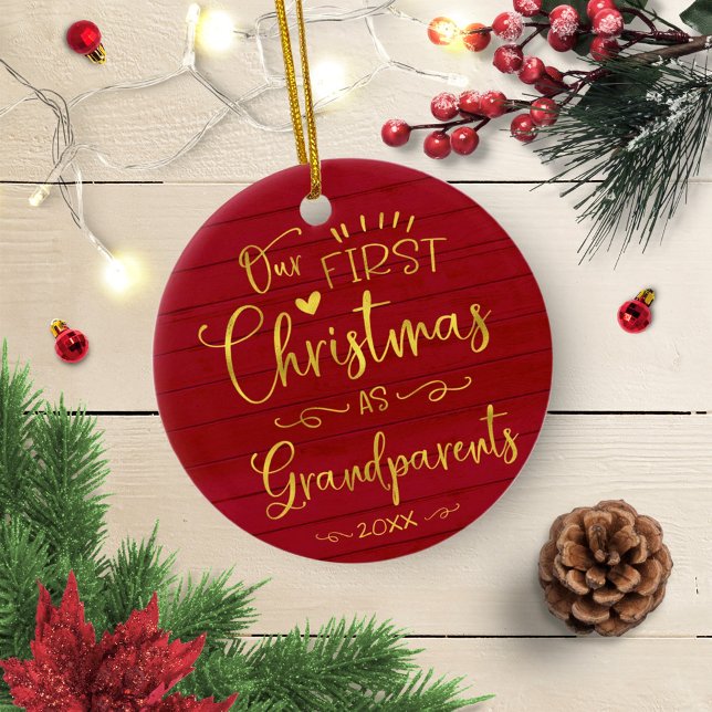 Our First Christmas As Grandparents Cute Rustic Ceramic Ornament (Creator Uploaded)
