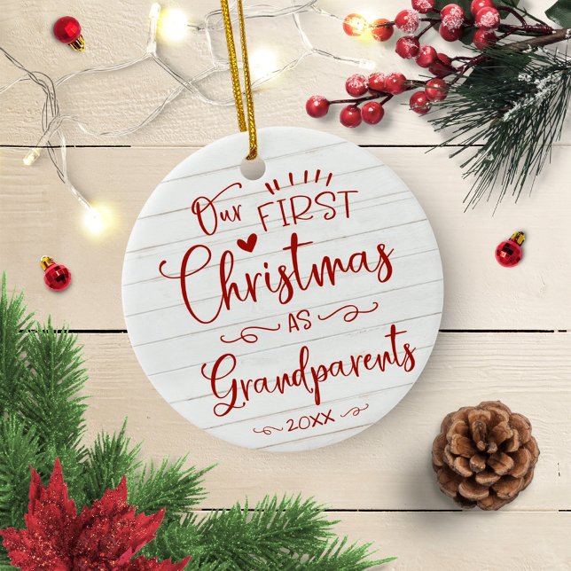 Our First Christmas As Grandparents Cute Rustic Ceramic Ornament (Creator Uploaded)