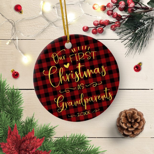 Our First Christmas As Grandparents Cute Rustic Ceramic Ornament (Creator Uploaded)