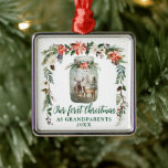Our First Christmas as Grandparents Deer Family Metal Ornament<br><div class="desc">Elegant Calligraphy Script,  Our First Christmas as Grandparents Watercolor Winter Floral Deer Ornament includes red poinsettias,  white floral roses,  pine cones,  cotton and winter greenery. Watercolor Mason jar with deer family in pines forest.</div>