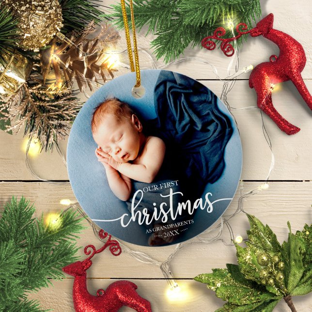 Our First Christmas As Grandparents Elegant Photo Ceramic Ornament (Creator Uploaded)