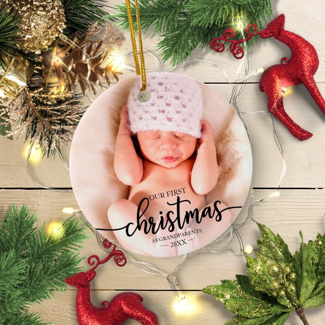 Our First Christmas As Grandparents Elegant Photo Ceramic Ornament (Creator Uploaded)