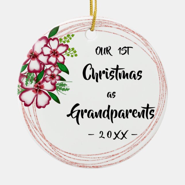 Our First Christmas as Grandparents Floral Photo Ceramic Ornament (Front)