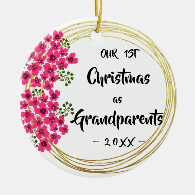 Our First Christmas as Grandparents Floral Photo Ceramic Ornament (Front)