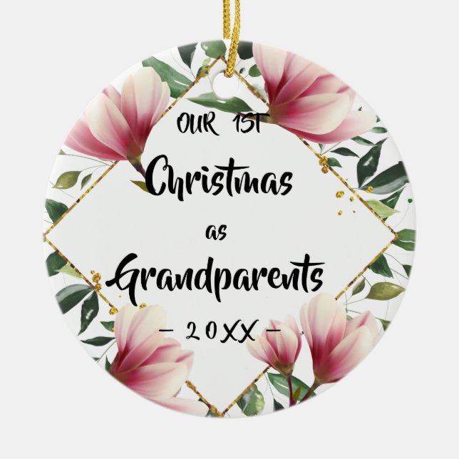 Our First Christmas as Grandparents Floral Photo Ceramic Ornament (Front)