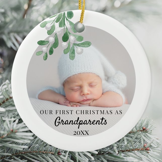 Our First Christmas As Grandparents Foliage Photo  Ceramic Ornament (Creator Uploaded)