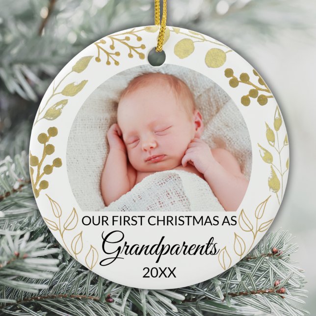 Our First Christmas As Grandparents Gold Photo Ceramic Ornament (Creator Uploaded)