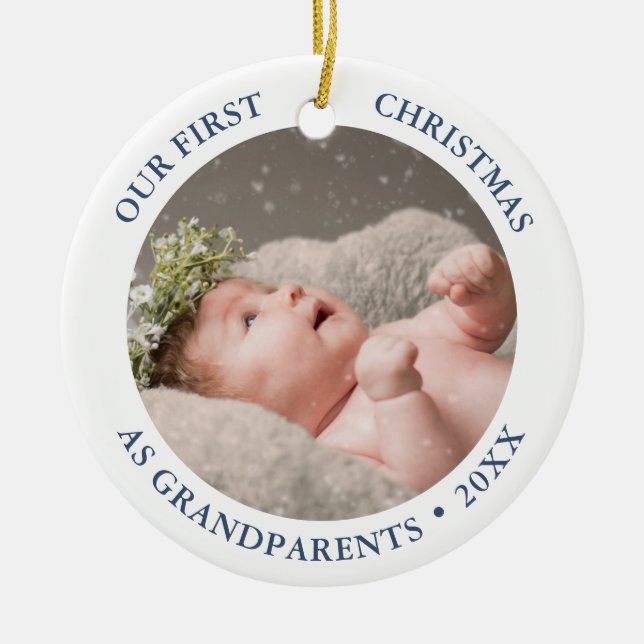 Our First Christmas as Grandparents Modern Photo Ceramic Ornament (Front)