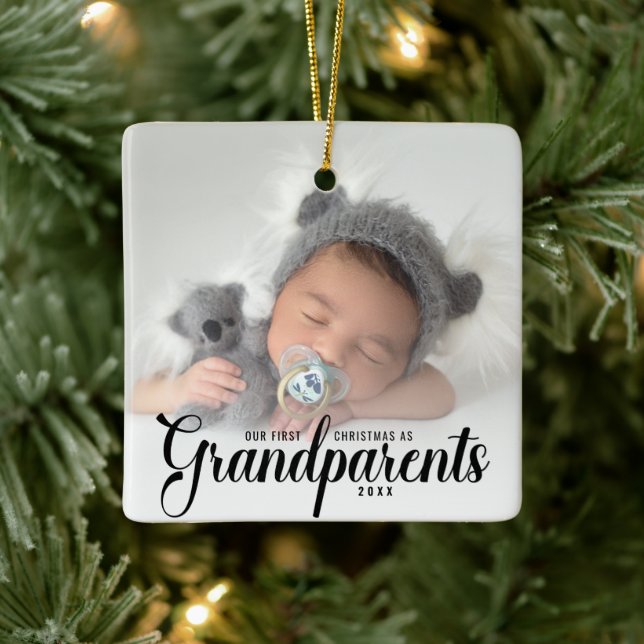 Our First Christmas As Grandparents Photo Ceramic Ornament (Tree)