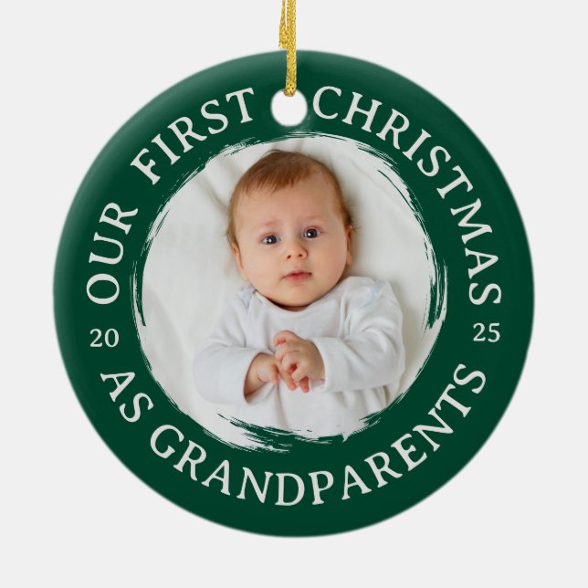 Our First Christmas as Grandparents – Photo Green Ceramic Ornament (Back)