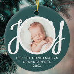 Our First Christmas As Grandparents Photo Green Ceramic Ornament<br><div class="desc">This keepsake "First Christmas As Grandparents" photo ornament is decorated with the word JOY in stylish script typography on a green background. Easily customisable,  with your baby's photo.</div>