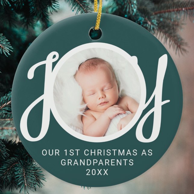 Our First Christmas As Grandparents Photo Green Ceramic Ornament (Creator Uploaded)