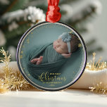 Our First Christmas As Grandparents Photo Ornament<br><div class="desc">Customisable Christmas photo ornament for newborns features a favourite baby photo on each side,  with "Our First Christmas" elegantly overlaid in gilded calligraphy. Personalise it with your baby's name and date.</div>