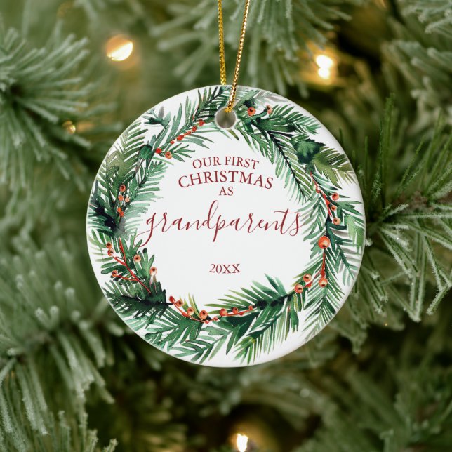 Our First Christmas As Grandparents Photo Wreath Ceramic Ornament (Tree)
