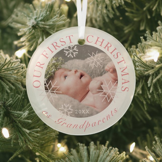 Our First Christmas as Grandparents Pink Photo Glass Tree Decoration (Insitu)