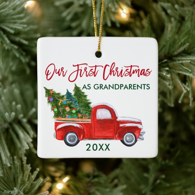 Our First Christmas as Grandparents Red Truck Ceramic Ornament (Tree)