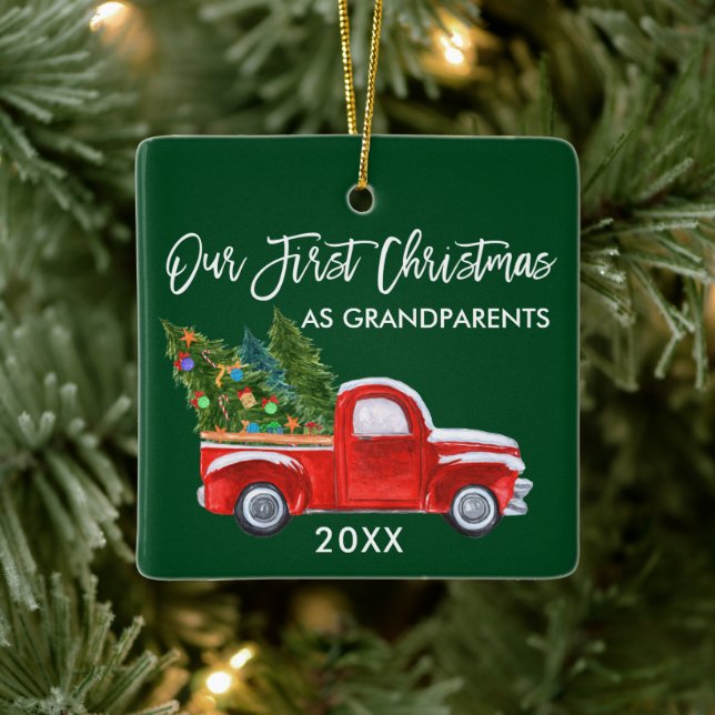 Our First Christmas as Grandparents Truck Green Ceramic Ornament (Tree)