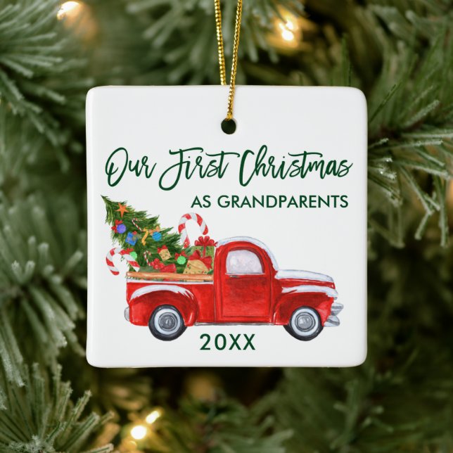 Our First Christmas as Grandparents Truck Tree Ceramic Ornament (Tree)