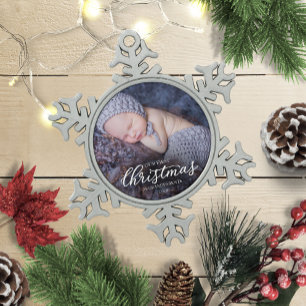 Our First Christmas As Grandparents White Script Snowflake Pewter Christmas Ornament