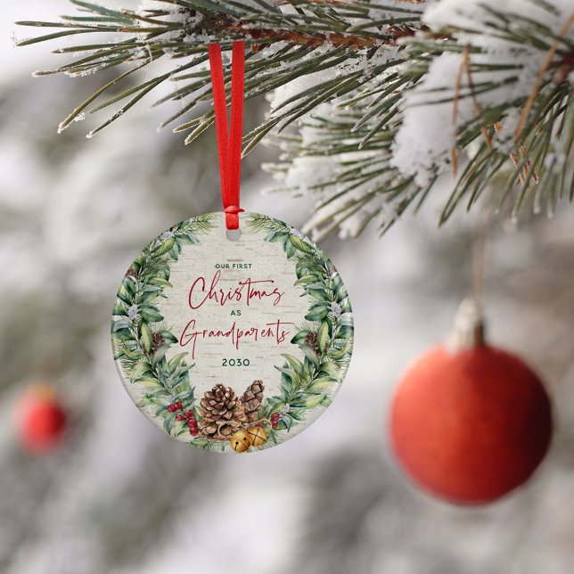 Our First Christmas as Grandparents Wreath Photo Ceramic Ornament (Creator Uploaded)