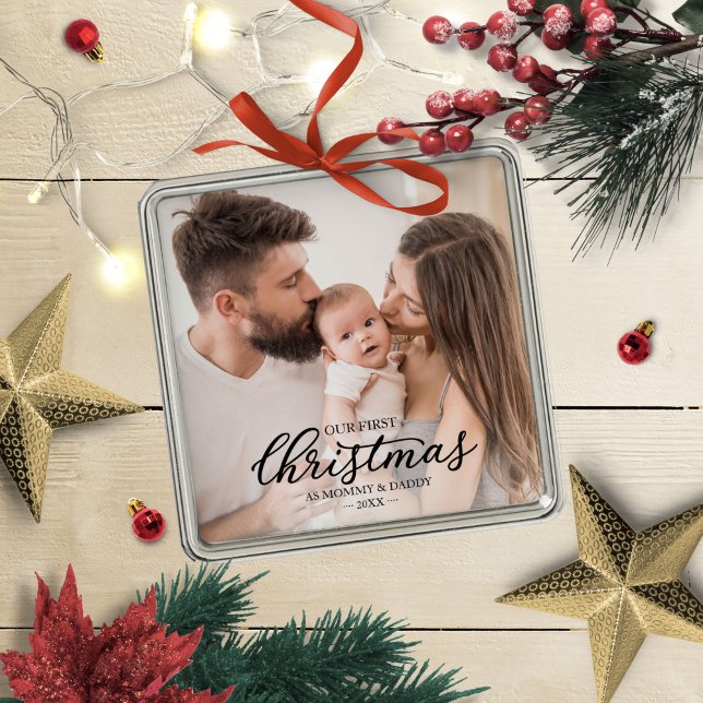 Our First Christmas as Mom and Dad Baby Photo Metal Ornament (Creator Uploaded)