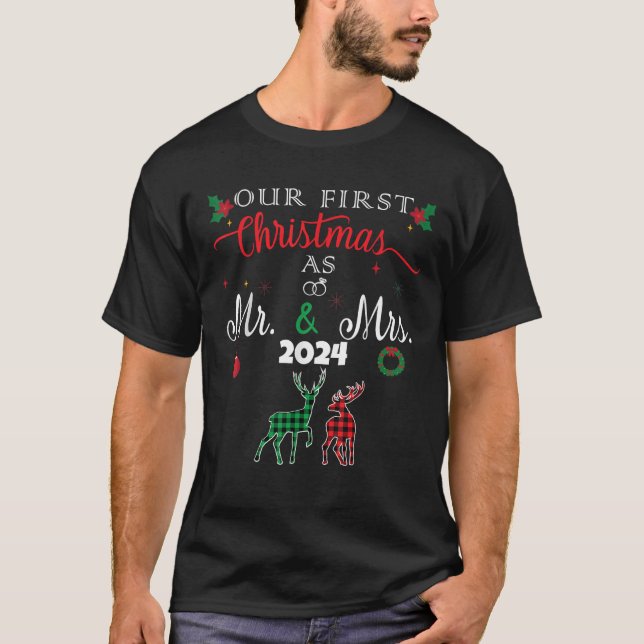 Our First Christmas as Mr and Mrs 2024 PJS Couples T-Shirt (Front)