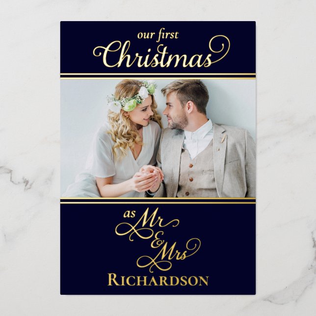 Our First Christmas as Mr and Mrs Blue and Gold Foil Holiday Card (Front)