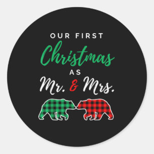 Our First Christmas As Mr. And Mrs. Buffalo Plaid  Classic Round Sticker
