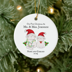 Our First Christmas As Mr. And Mrs. Cute Cats Ceramic Ornament