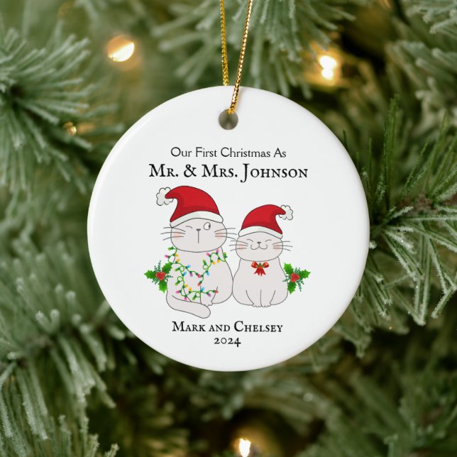 Our First Christmas As Mr. And Mrs. Cute Cats Ceramic Ornament (Tree)