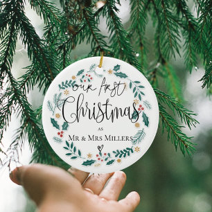 Our First Christmas As Mr and Mrs Cute Wreath Ceramic Ornament