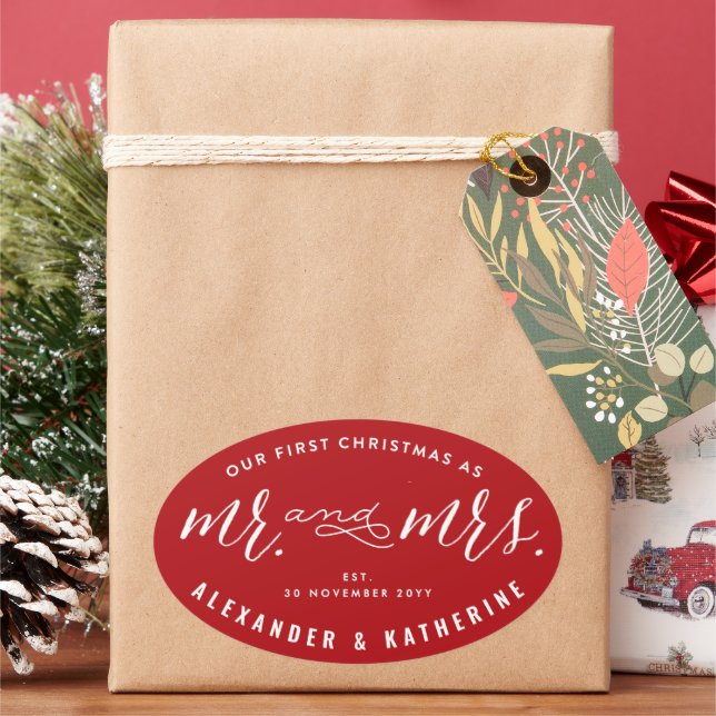 Our First Christmas As Mr And Mrs Holiday Wedding Oval Sticker (Holiday)
