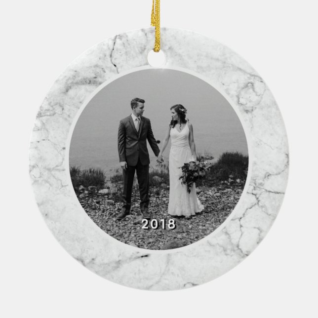 Our First Christmas as Mr and Mrs Marble Photo Ceramic Ornament (Back)