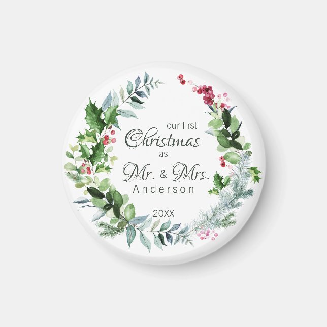 Our First Christmas as Mr and Mrs Modern Wreath Magnet (Front)