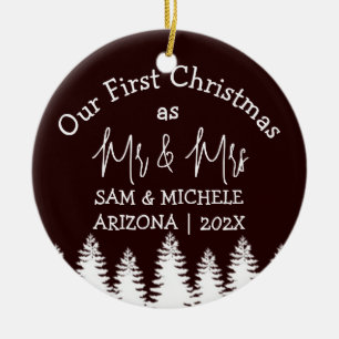 Our first Christmas as Mr. and Mrs. newlywed wood  Ceramic Ornament