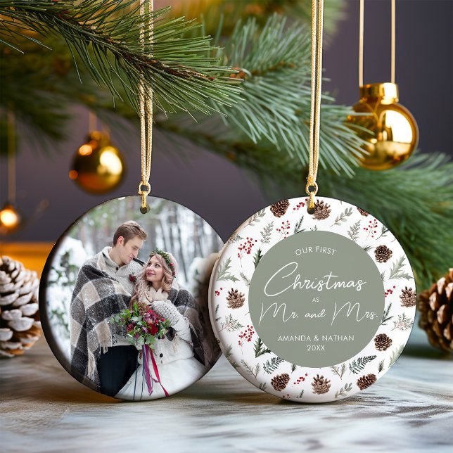 Our First Christmas as Mr. and Mrs. Photo Ceramic Ornament (Creator Uploaded)