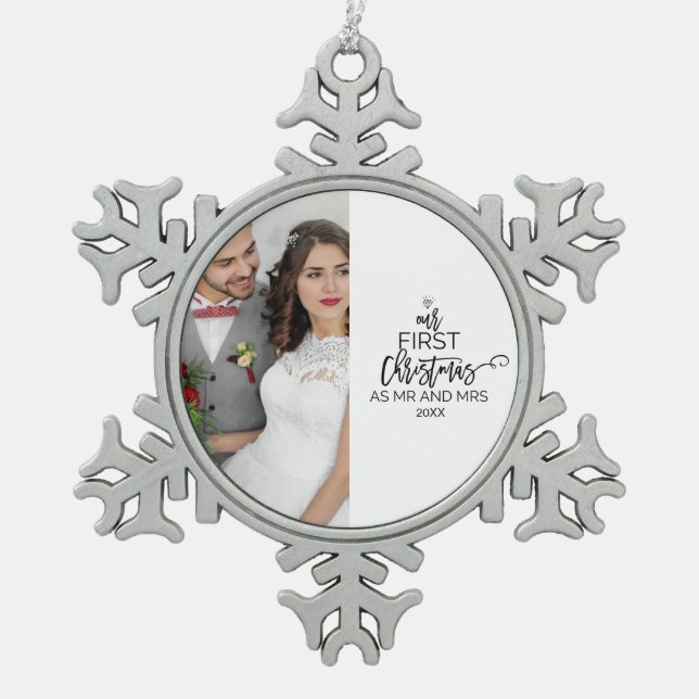 Our First Christmas as Mr and Mrs Photo Holiday Snowflake Pewter Christmas Ornament (Front)