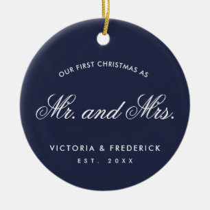 Our First Christmas as Mr and Mrs Photo Navy Blue Ceramic Ornament
