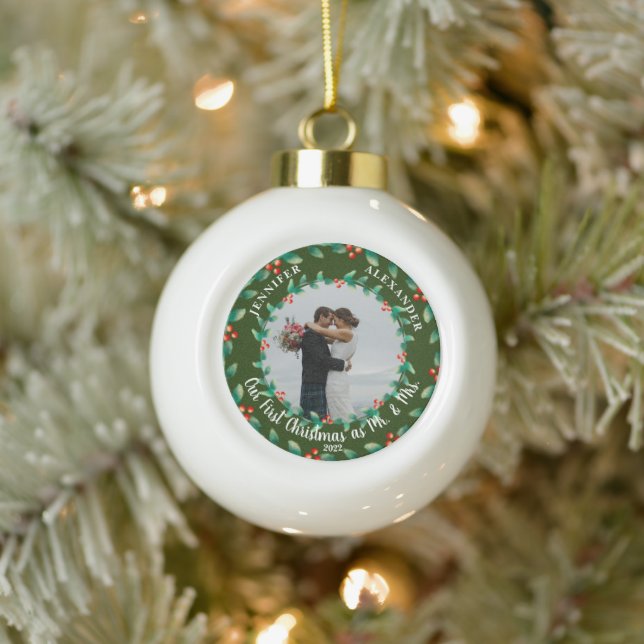 Our first christmas as Mr and Mrs photo Snowflake Ceramic Ball Christmas Ornament (Tree)