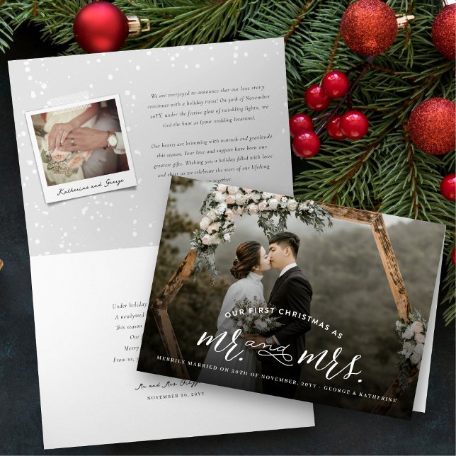 Our First Christmas As Mr And Mrs Photo Wedding Holiday Card (Our First Christmas As Mr And Mrs Modern Typography Photo Wedding Holiday Folded Card by fat*fa*tin)